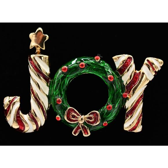 Vintage Christmas JOY Pin Brooch Wreath Enamel Candy Cane Holiday NOS 80s BinA9 - Picture 1 of 12